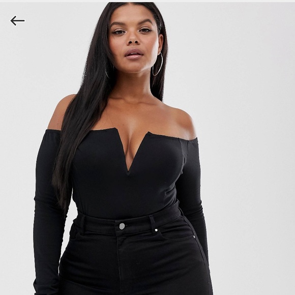 ASOS CURVE Bardot Long Sleeve V-Bar Bodysuit - Picture 1 of 6